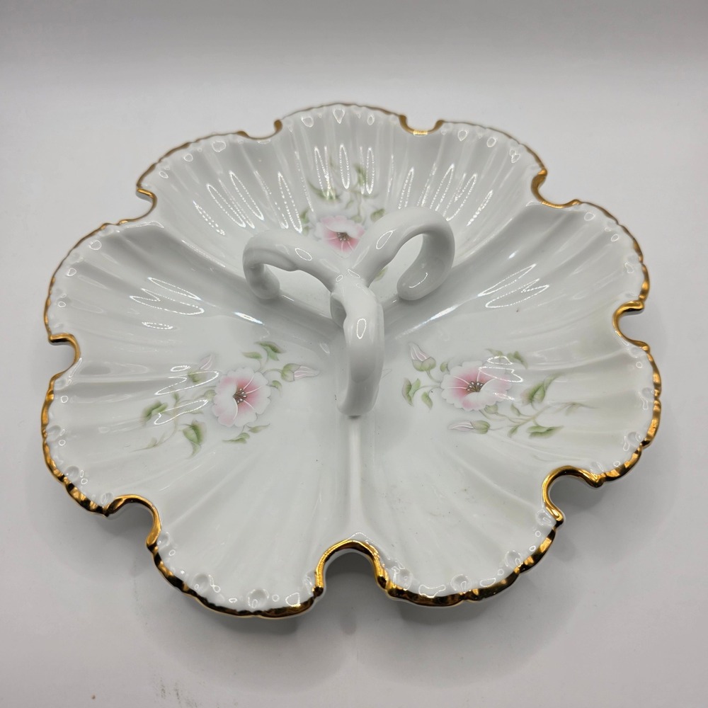 Winrose Collection Porcelain‎ Divided Candy Dish Floral Gold Trim Shell USA 8in